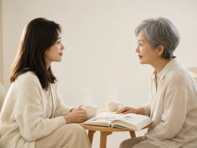年轻妈妈和奶奶在客厅里温和地交流沟通
