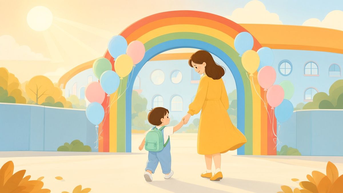 妈妈牵着孩子走向幼儿园，迎接入园第一天