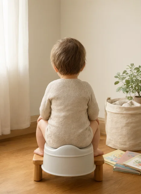 幼儿坐在儿童坐便器上的背影