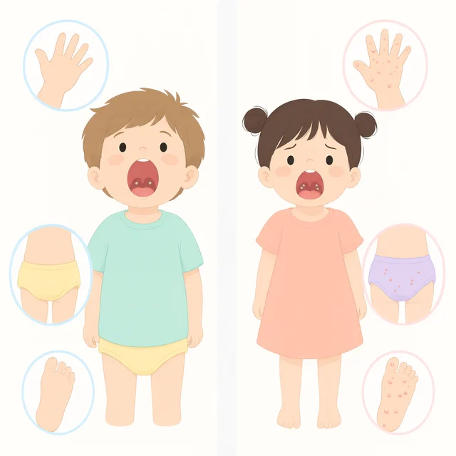 疱疹性咽峡炎与手足口病皮疹位置对比：咽峡炎只在喉咙里长疱，手足口还会波及手脚臀部