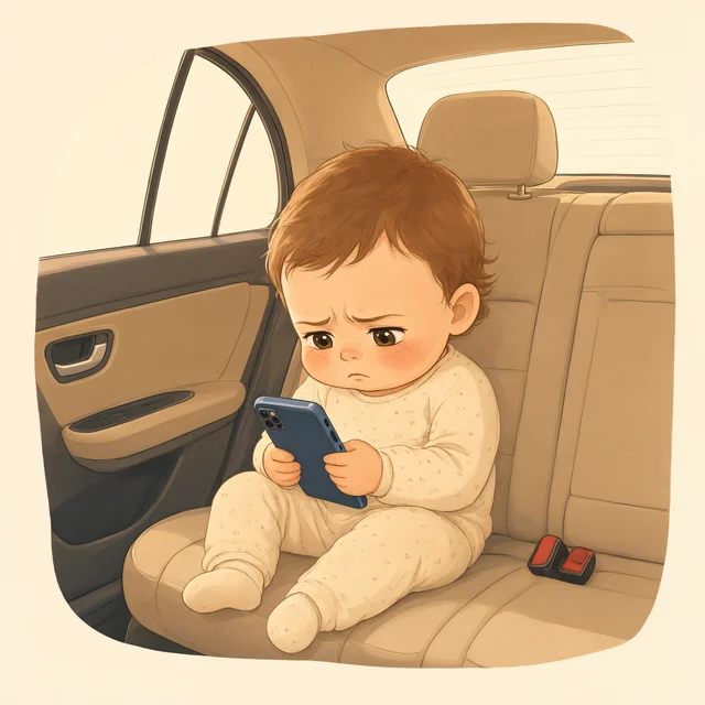 坐在后座低头看手机、表情难受的孩子，是加重晕车的常见场景