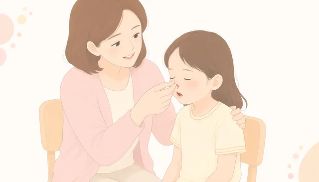 孩子流鼻血正确止血姿势示意：妈妈捏住鼻翼两侧，孩子身体前倾头稍低