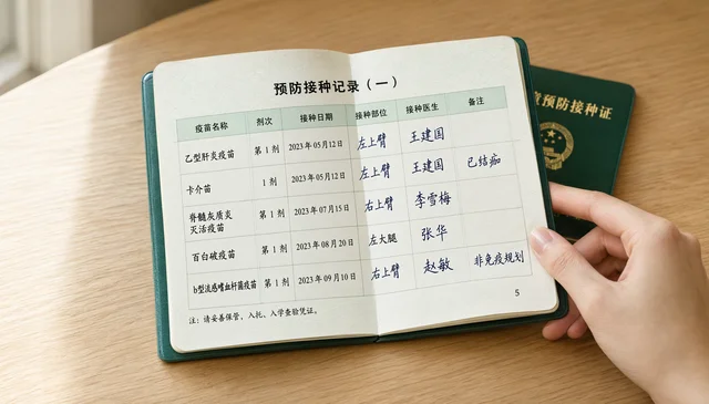 绿色儿童预防接种证翻开的接种记录页