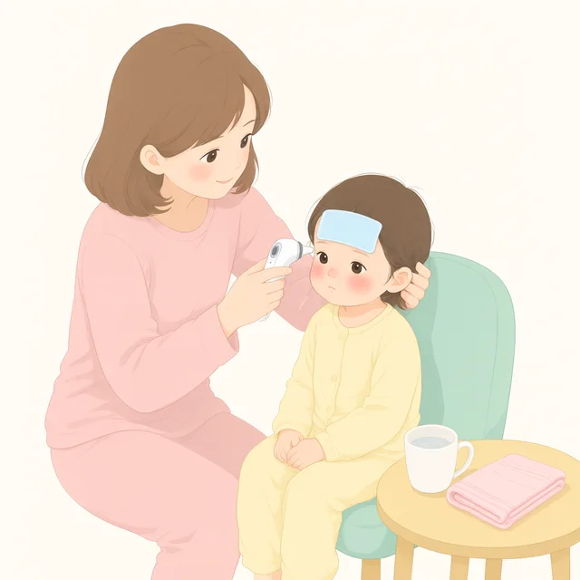 妈妈用耳温枪给发热宝宝测体温、额头贴着退热贴的居家护理示意