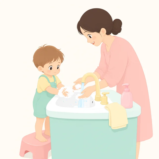 孩子在流动水下用泡沫认真洗手的示意