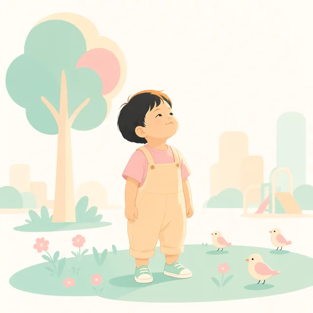 孩子白天在自然光下户外玩耍，抬头远眺放松眼睛