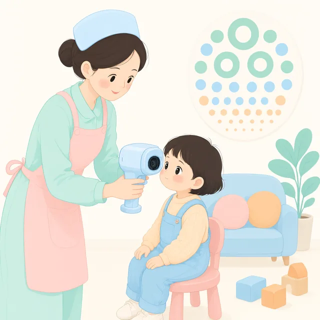 幼儿园视力筛查，医生用仪器给孩子做屈光检查